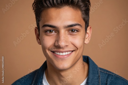 Full framed very close face portrait of a smiling young latin non binary with hazel eyes looking at the camera, studio shot,hazel background. photo