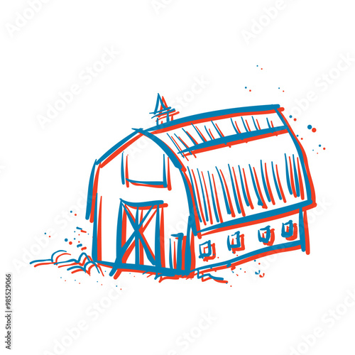 Farm barn cowshed building exterior with tractor and windmill flat vector