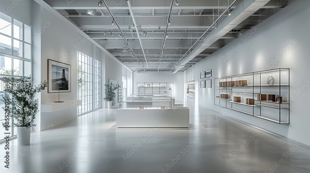 White industrial-minimalist themed studio is characterized by its interior decoration that fuses the rawness of industrial elements with the purity of minimalist design. Generative AI. White industrial-minimalist themed studio is characterized by its interior decoration that fuses the rawness of industrial elements with the purity of minimalist design. Generative AI.