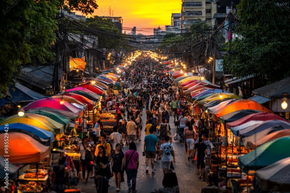 Fototapeta premium The bustling Chatuchak Market in Bangkok, with endless rows of stalls selling everything from antiques to street food