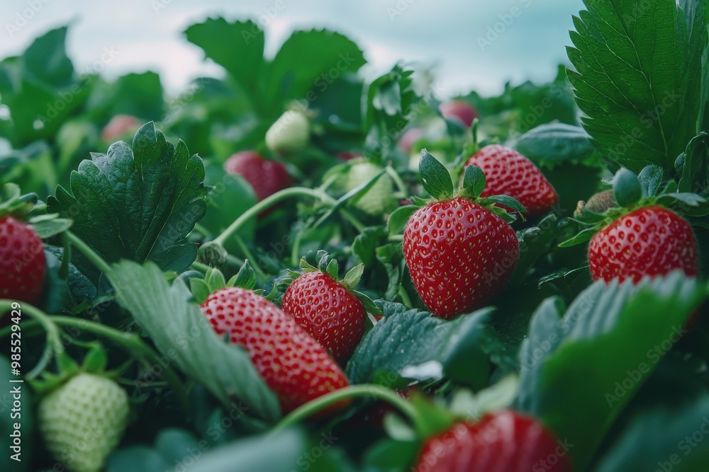 A closeup of organically grown strawberries in a field A closeup of organically grown strawberries in a field