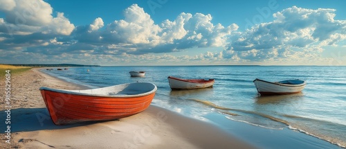 Fototapeta Naklejka Na Ścianę i Meble -  Summertime fishing boats at the Baltic Sea beach