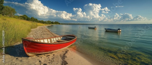 Fototapeta Naklejka Na Ścianę i Meble -  Summertime fishing boats at the Baltic Sea beach
