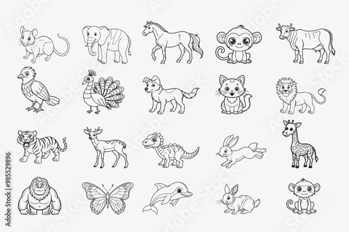 Black line art of  AN ANIMALS SET BUNDLE  for kids coloring book in white background