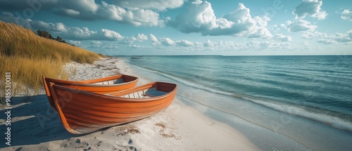 Fototapeta Naklejka Na Ścianę i Meble -  Summertime fishing boats at the Baltic Sea beach