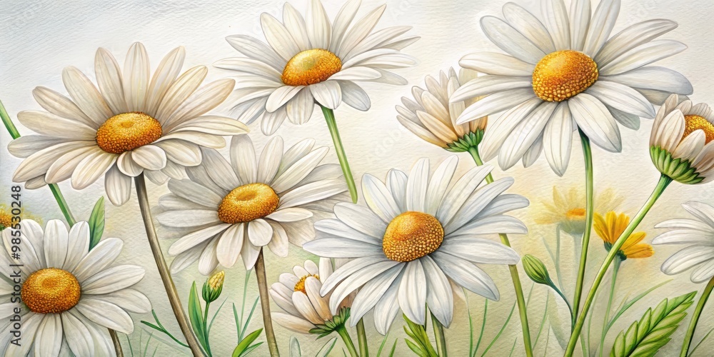 Close-up of a simple pencil drawing featuring delicate daisy flowers with fine lines and soft shading Close-up of a simple pencil drawing featuring delicate daisy flowers with fine lines and soft shading