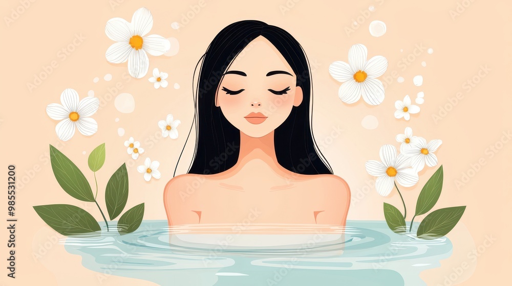 Serene Woman in Water Surrounded by Flowers Serene Woman in Water Surrounded by Flowers