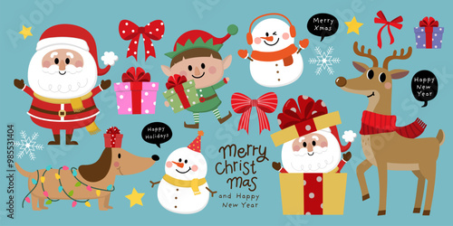 Merry Christmas and happy new year with Santa Claus, snowman, little elf and deer. Holiday cartoon character in winter season. -Vector