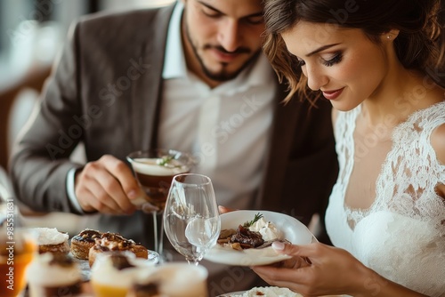 Snapshot of a tasting session with a bride and groom sampling different dishes and beverages 