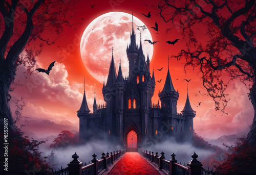 Spooky Castle Under a Blood Moon.
