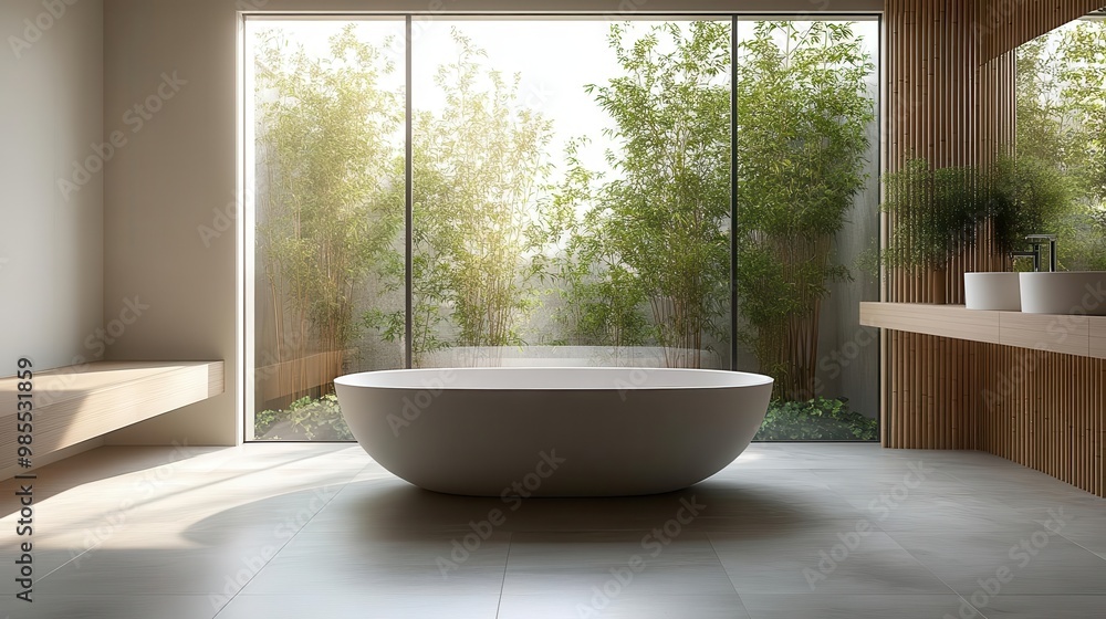 Fototapeta premium Minimalist spa bathroom with natural light and bamboo elements, Self-care, Tranquility
