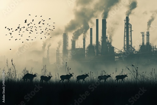 Deer Roaming in Industrial Landscape