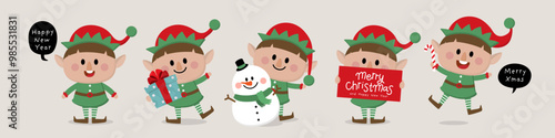 Cute little elf and snowman character set. Christmas holidays cartoon collection. 