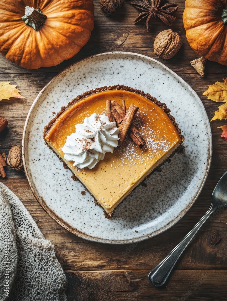 A slice of pumpkin pie with whipped cream and cinnamon on top A slice of pumpkin pie with whipped cream and cinnamon on top