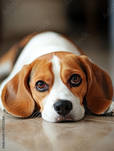 A brown and white dog is laying on the floor with its eyes closed