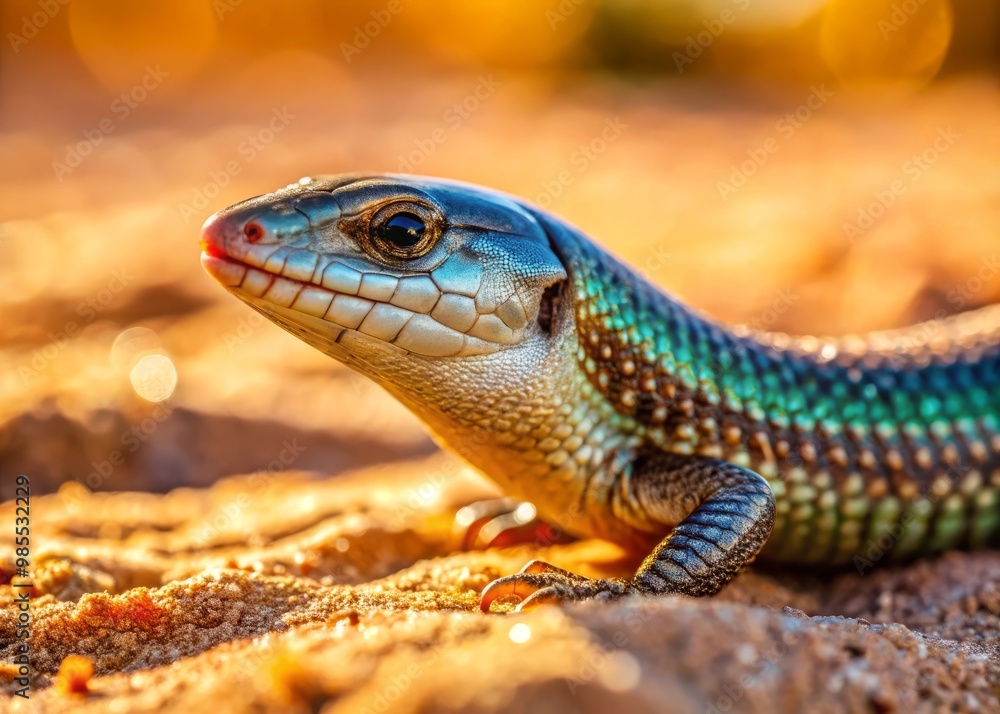 Close-up of a worm lizard with segmented body and shiny scales on sand in the sun Close-up of a worm lizard with segmented body and shiny scales on sand in the sun
