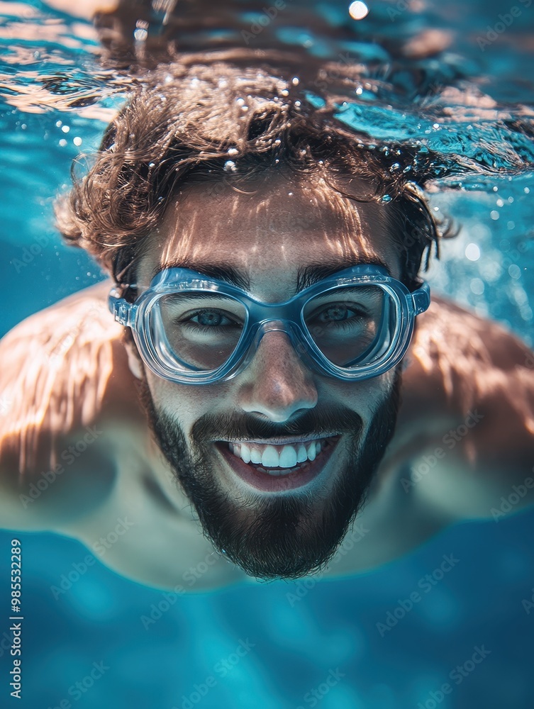 Fototapeta premium A man is smiling while wearing goggles and swimming in a pool