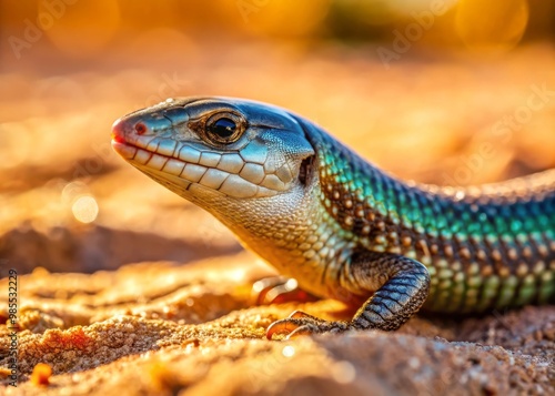 Close-up of a worm lizard with segmented body and shiny scales on sand in the sun photo