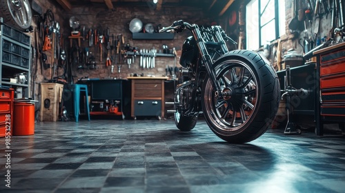 A motorcycle is parked in a garage with a lot of tools and equipment