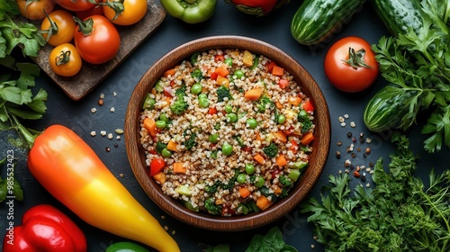 Top view of a balanced meal with rainbow-colored vegetables and grains, Mindful eating, Vitality