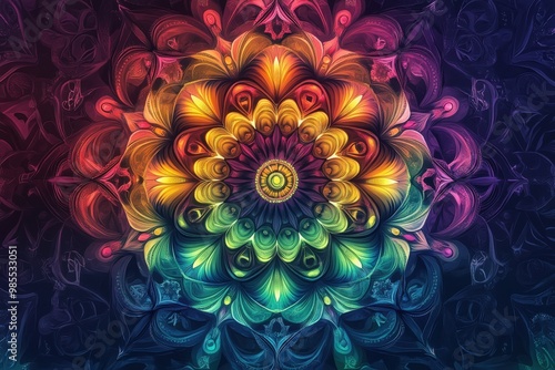 Intricate mandala in rainbow hues digital art illustration