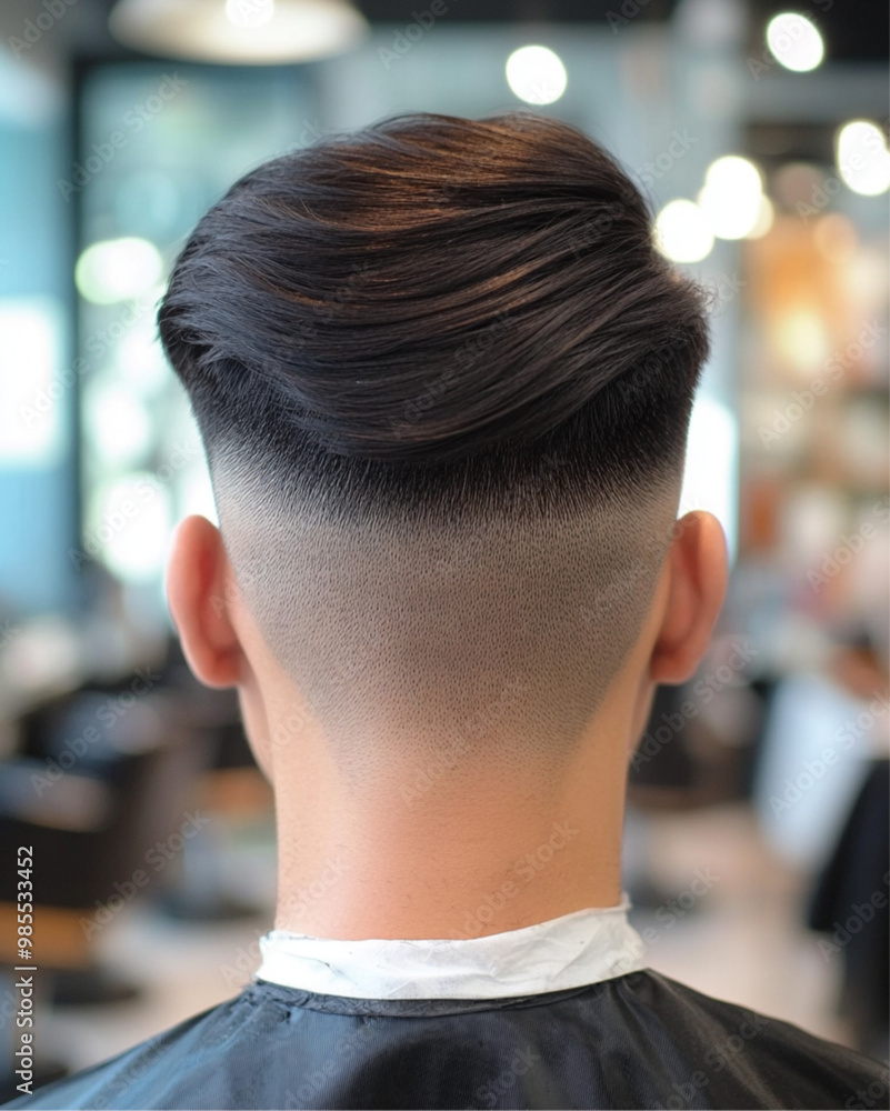 a photograph of the back view of an Asian man with dark hair, in a bowl-cut hairstyle, in a hairdressing salon a photograph of the back view of an Asian man with dark hair, in a bowl-cut hairstyle, in a hairdressing salon