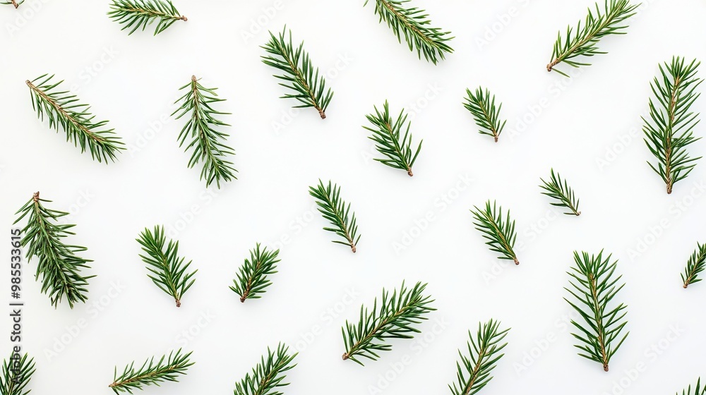 Top view of pine twigs and green leaves on a white background, natural elements for eco-friendly designs. Top view of pine twigs and green leaves on a white background, natural elements for eco-friendly designs.