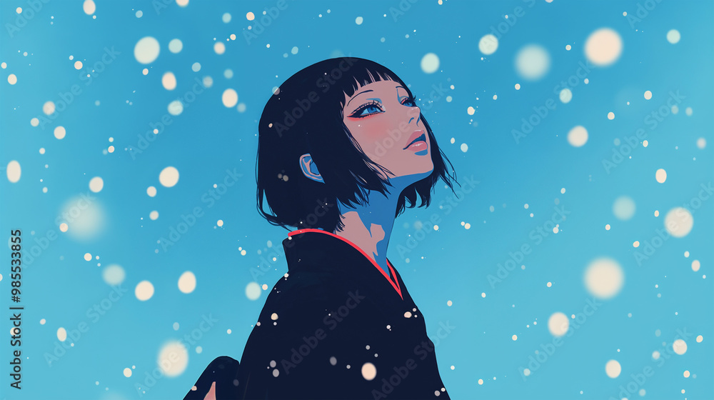 雪の中で上を見上げる女性 雪の中で上を見上げる女性