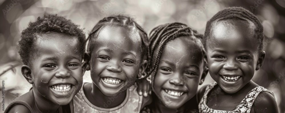 A group of African children smiling wide, their faces filling the frame, evoke friendship and joy. A group of African children smiling wide, their faces filling the frame, evoke friendship and joy.