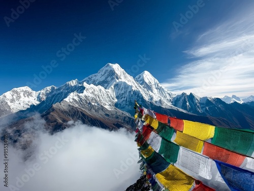 The Himalayan mountain range, with snow-capped peaks rising above the clouds and colorful prayer flags fluttering in the wind