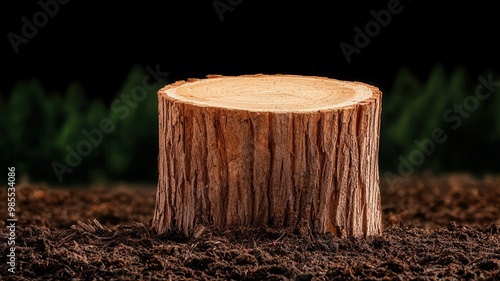 Tree stump in the middle of a deforested area, symbolizing the loss of nature and the impact of human activity