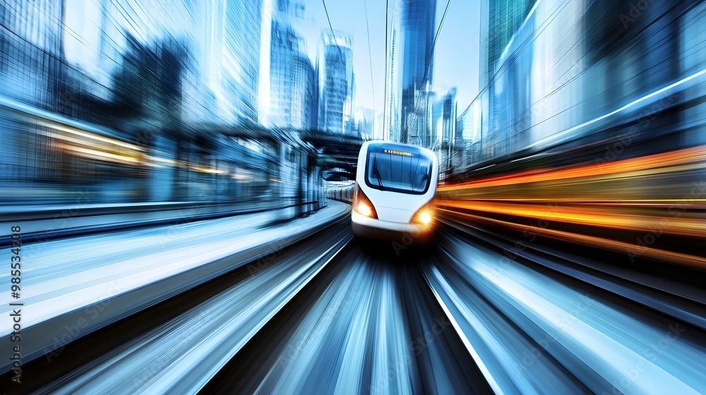 A dynamic cityscape featuring a fast-moving train against blurred skyscrapers, capturing the essence of urban transportation. A dynamic cityscape featuring a fast-moving train against blurred skyscrapers, capturing the essence of urban transportation.