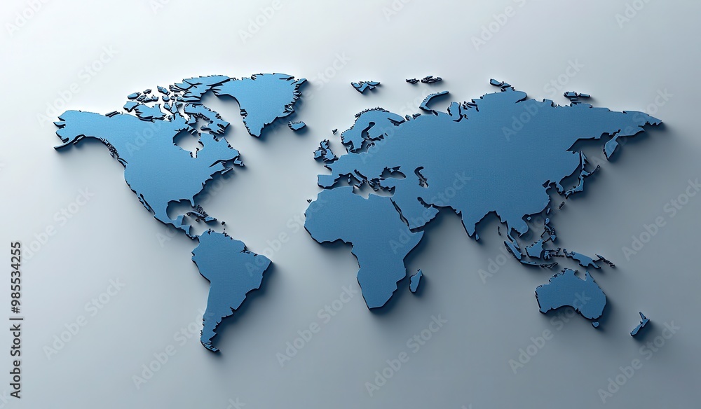 Blue world map on gray background showcasing continents with modern design and subtle shadow effect Blue world map on gray background showcasing continents with modern design and subtle shadow effect