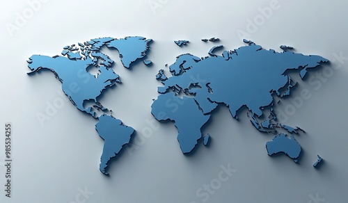 Blue world map on gray background showcasing continents with modern design and subtle shadow effect