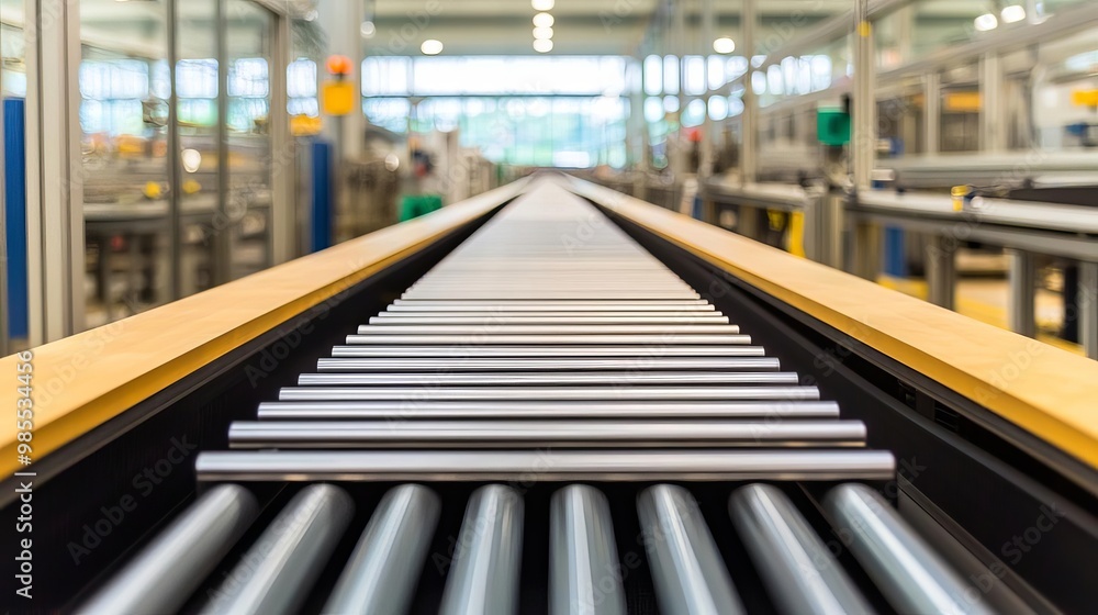 Polished conveyor belts on a factory production line, advanced machinery, clean and spacious environment, natural light from large windows, serene outdoor view Polished conveyor belts on a factory production line, advanced machinery, clean and spacious environment, natural light from large windows, serene outdoor view