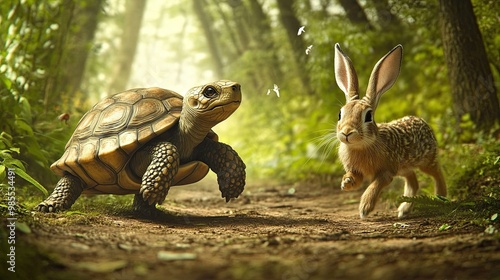 Tortoise and Hare Embarking on Journey Together, Symbolizing Friendship, Teamwork, and Perseverance in a Whimsical Nature Setting.