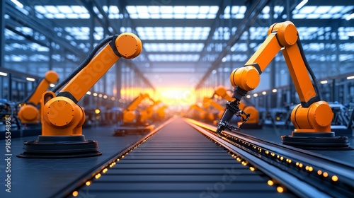 Expansive factory floor with automated production line, advanced robotics, clean and streamlined design, bright industrial lighting, beautiful sunset visible through windows