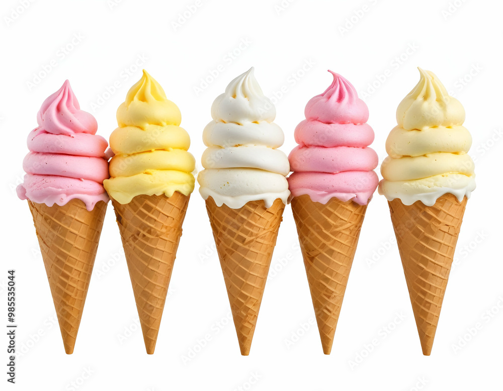 Assorted ice cream cones with different flavors and toppings on a white background Assorted ice cream cones with different flavors and toppings on a white background