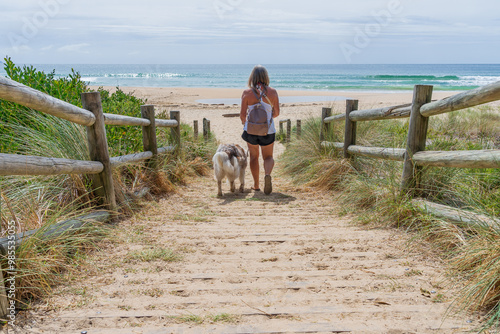 A woman walking her dog down a coastal path between fenceposts towards the beach photo