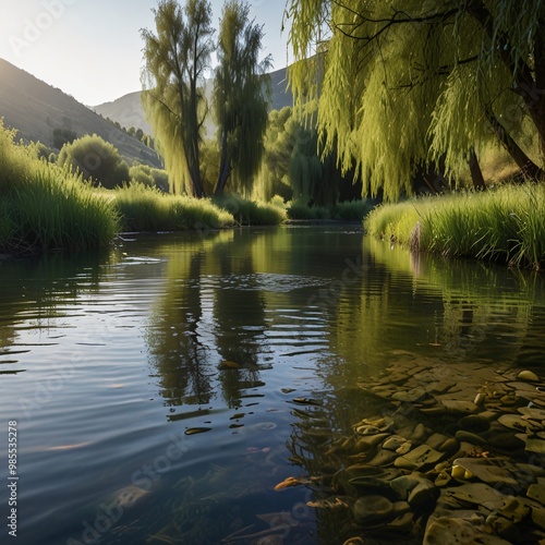 A peaceful river winding through a quiet valley, with willows dipping their branches into the water and fish swimming beneath the surface