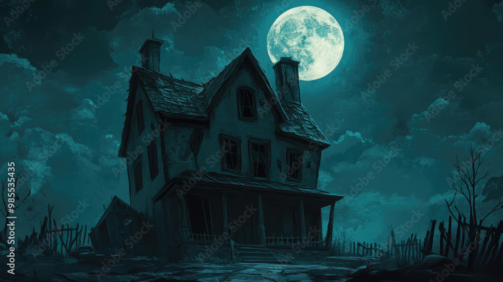 Under the glow of a full moon, the haunted house's cracked roof and ...