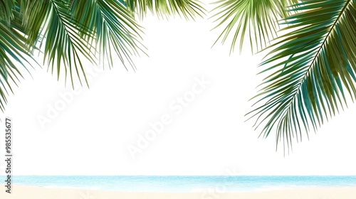 Transparent background with a beach scene and palm leaves, perfect for vacation-themed designs and projects.