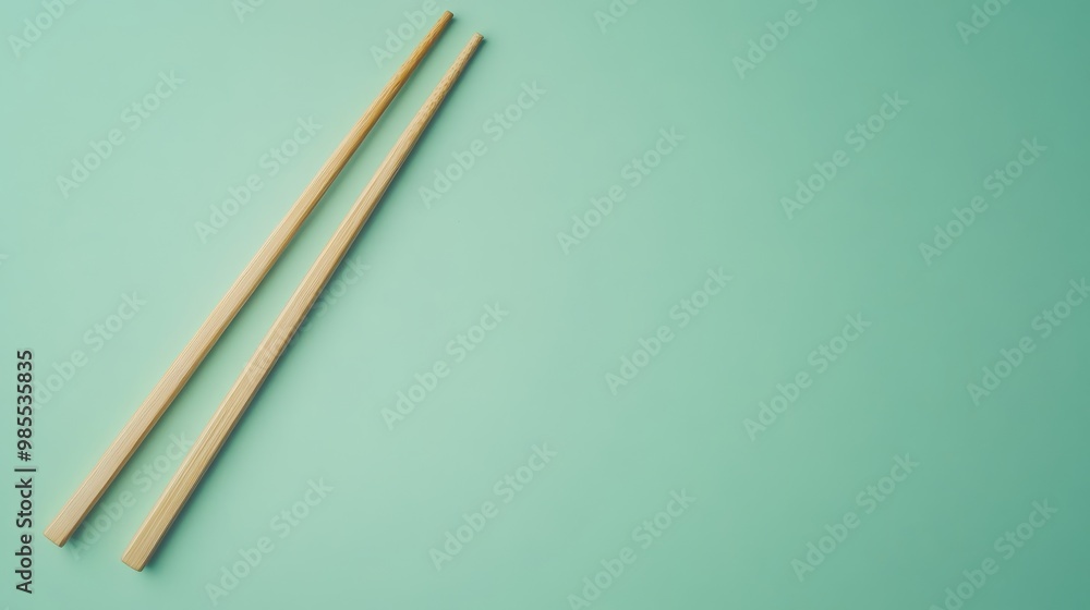 Two elegantly crafted wooden chopsticks are placed diagonally on a soft pastel green background, showcasing simplicity and design. The composition emphasizes their unique texture and color Two elegantly crafted wooden chopsticks are placed diagonally on a soft pastel green background, showcasing simplicity and design. The composition emphasizes their unique texture and color