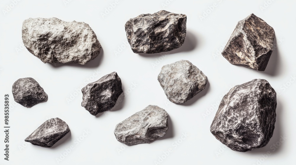 Various sizes of asteroids are arranged against a white background, highlighting their rough textures and unique shapes in a closeup view that emphasizes their natural features Various sizes of asteroids are arranged against a white background, highlighting their rough textures and unique shapes in a closeup view that emphasizes their natural features