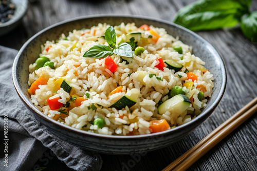 Vibrant stir-fried rice with colorful vegetables like peppers, zucchini, and carrots. The rice is fluffy and well-mixed, served in a simple bowl with chopsticks on the side. 