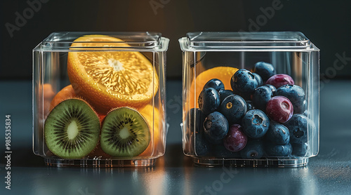 A fruit package design, with an orange, a kiwi and a small bowl of blueberries, translucent packaging, slim fit minimalist design. Generative AI. photo