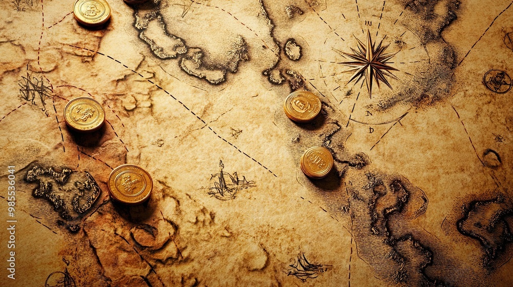 Treasure map with a trail of coins leading to hidden riches, evoking a