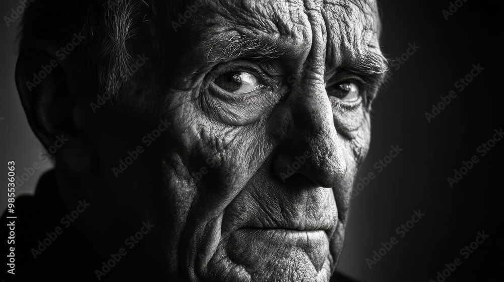 An elderly man gazes intently, his face showcasing deep wrinkles that tell stories of wisdom and resilience. The stark black and white highlights his features An elderly man gazes intently, his face showcasing deep wrinkles that tell stories of wisdom and resilience. The stark black and white highlights his features