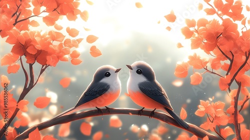 cute birds from cartoon on a branch with leaves sitting on it, in the style of photobashing, charming anime characters,  photo