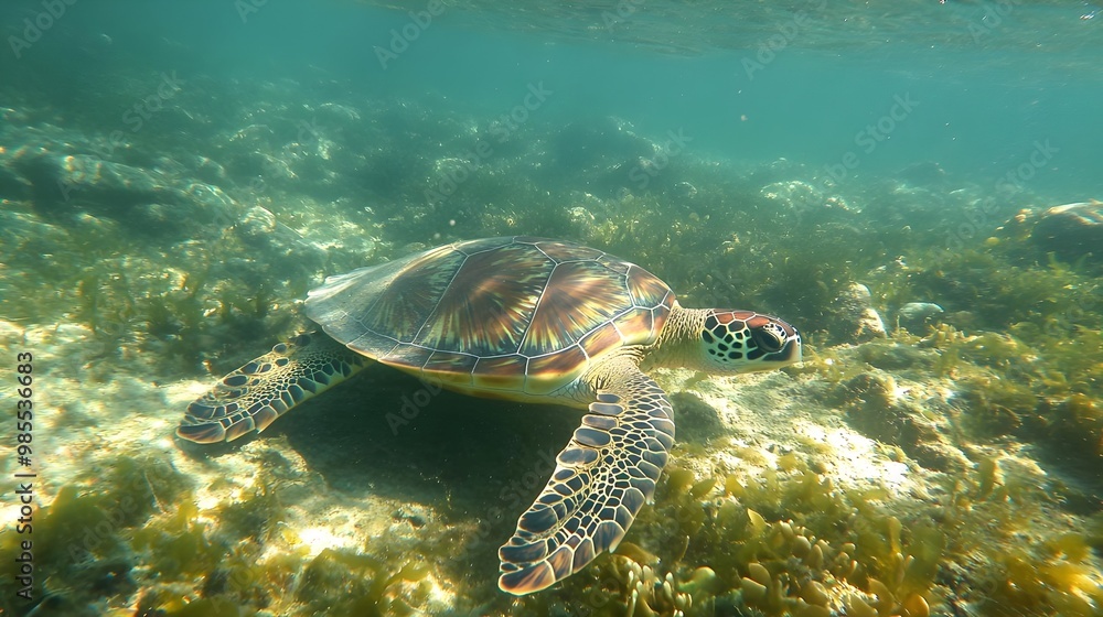Obraz premium A graceful sea turtle swims through vibrant underwater vegetation, showcasing the beauty of marine life and coral ecosystems.